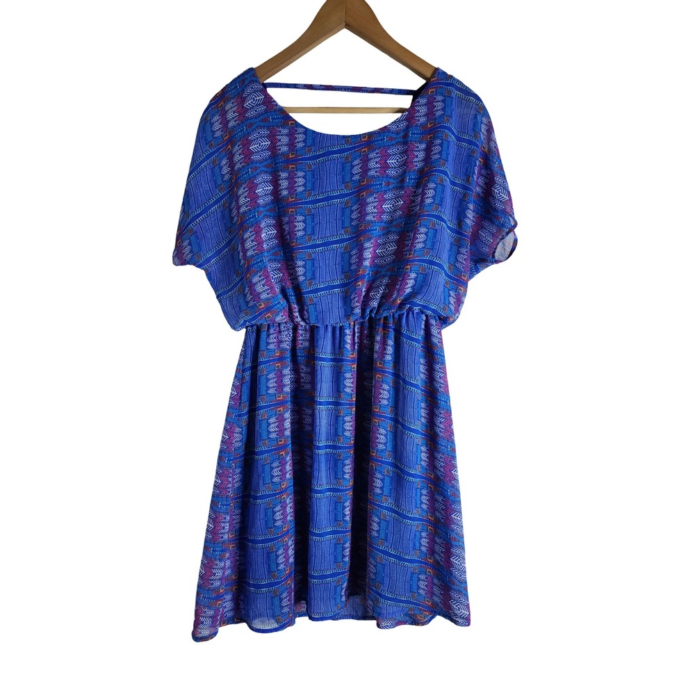 Lush Blue Geometric Tribal Print Short Sleeve Wrap Back Mini Dress L Boho-Chic